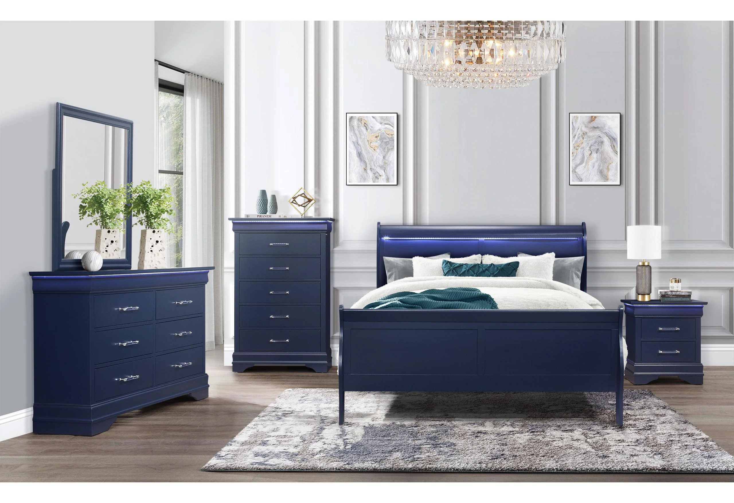 CHARLIE BLUE QUEEN BED WITH LED, DRESSER, MIRROR, NIGHTSTAND