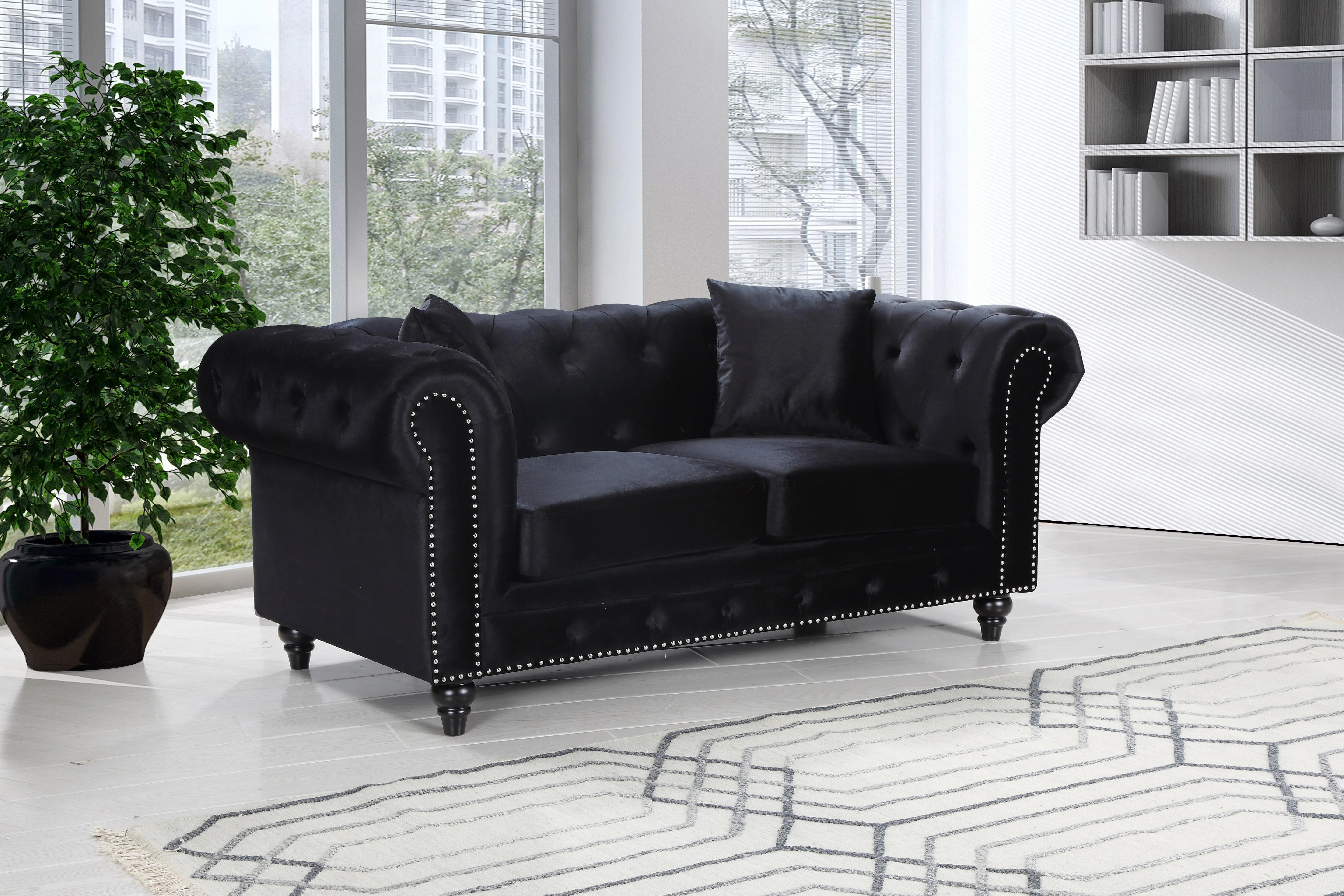 Chesterfield Black Velvet Loveseat - Image 2