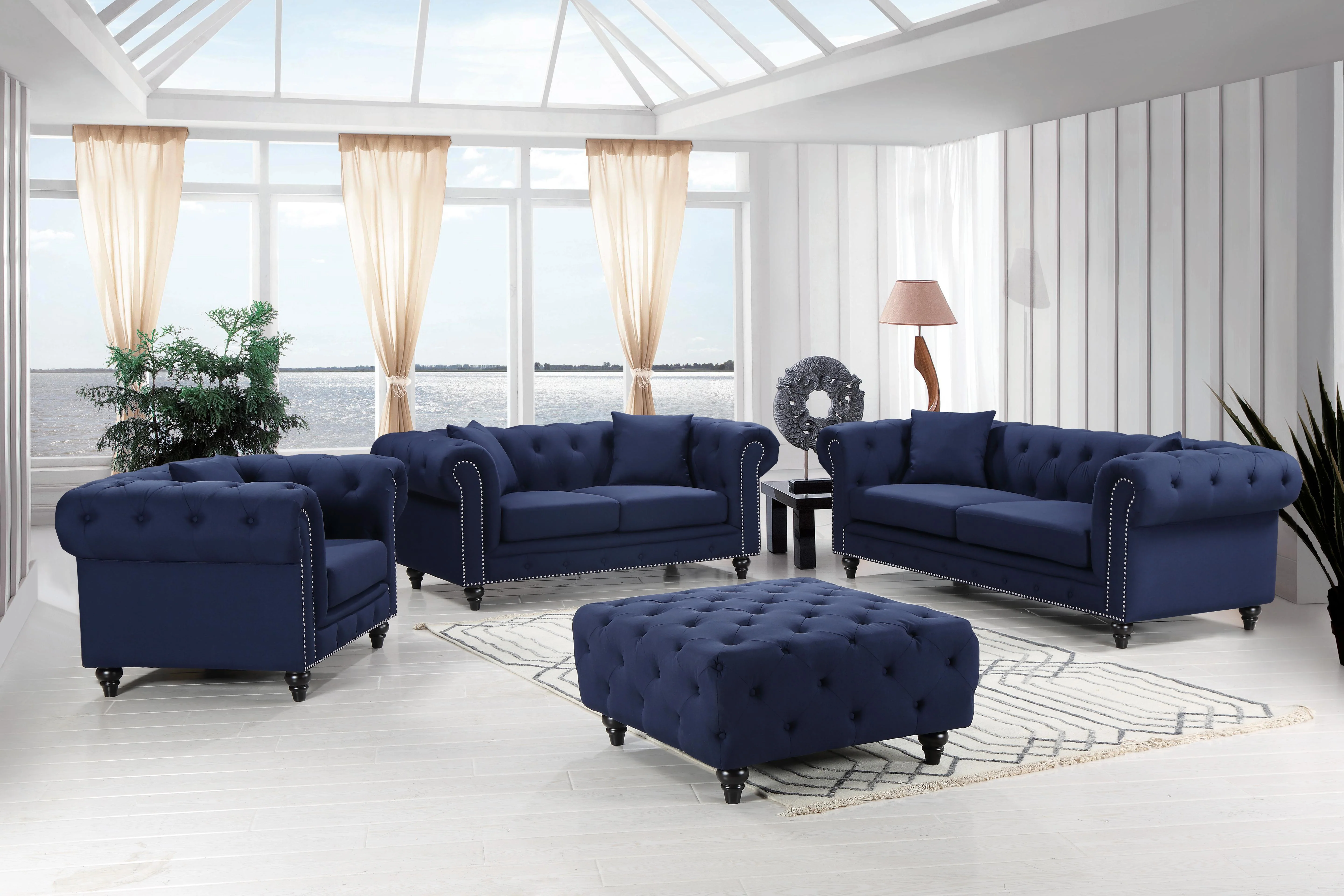 Chesterfield Navy Linen Sofa - Image 5