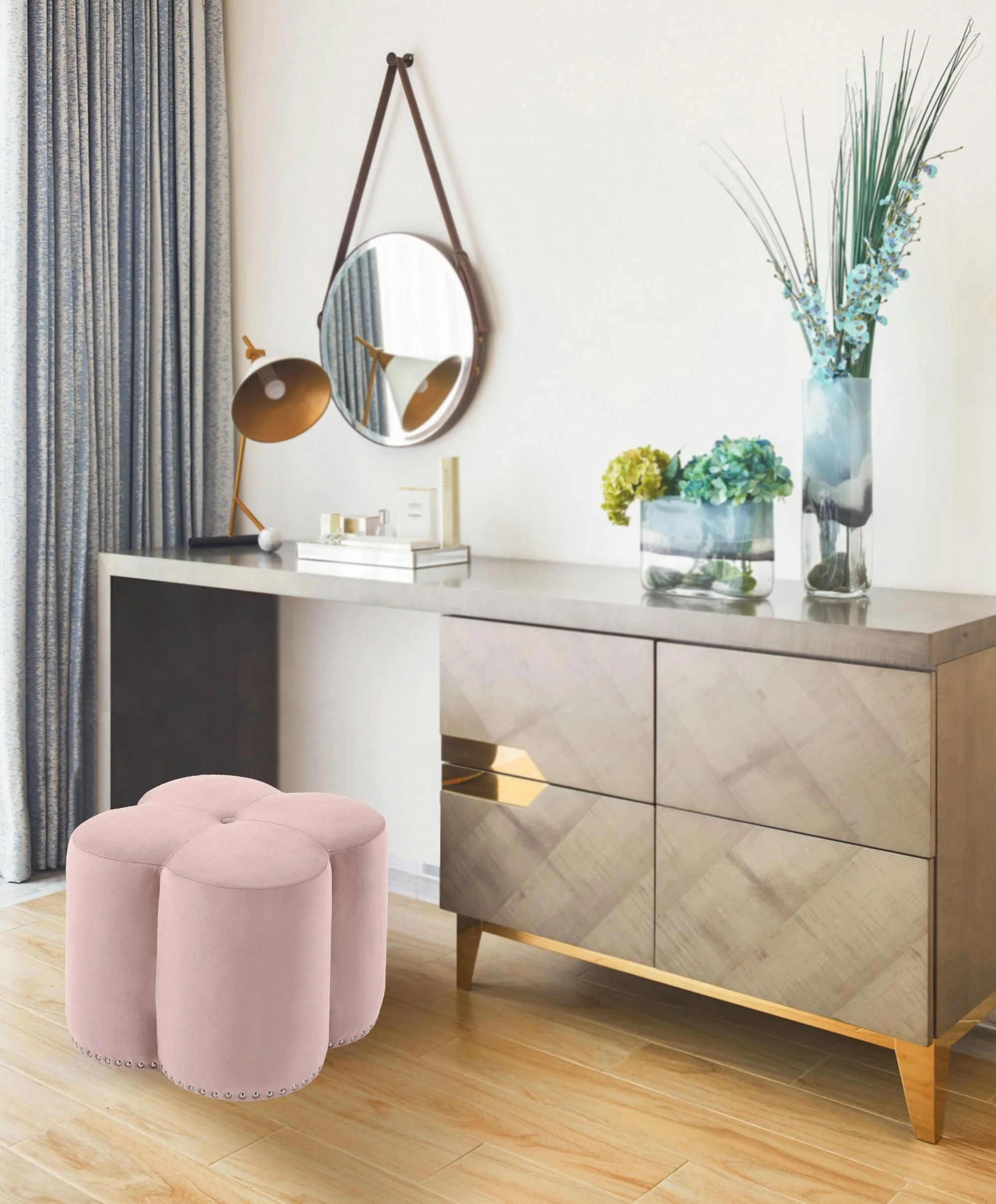 Clover Pink Velvet Ottoman - Image 2