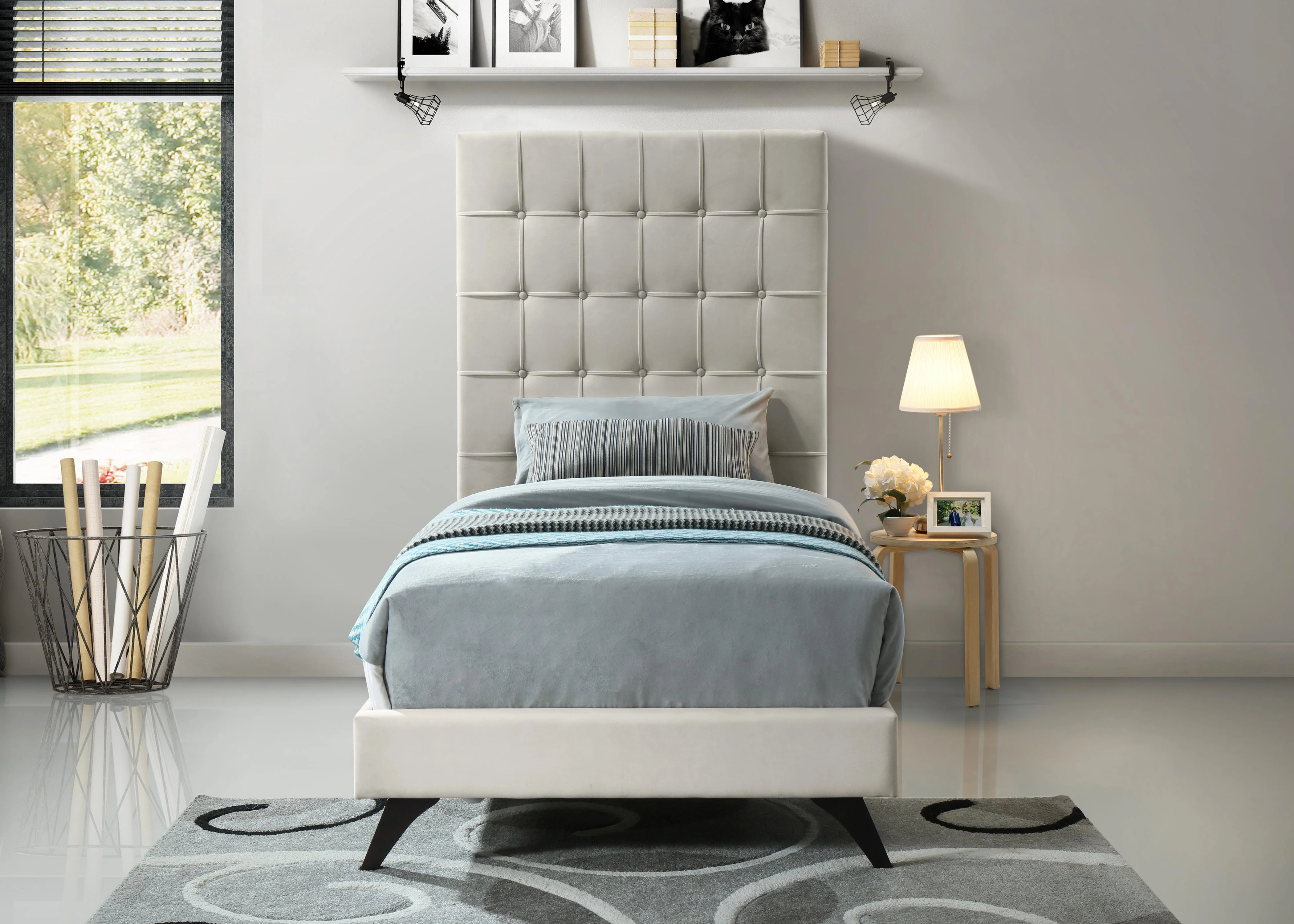 Elly Cream Velvet Twin Bed - Image 4