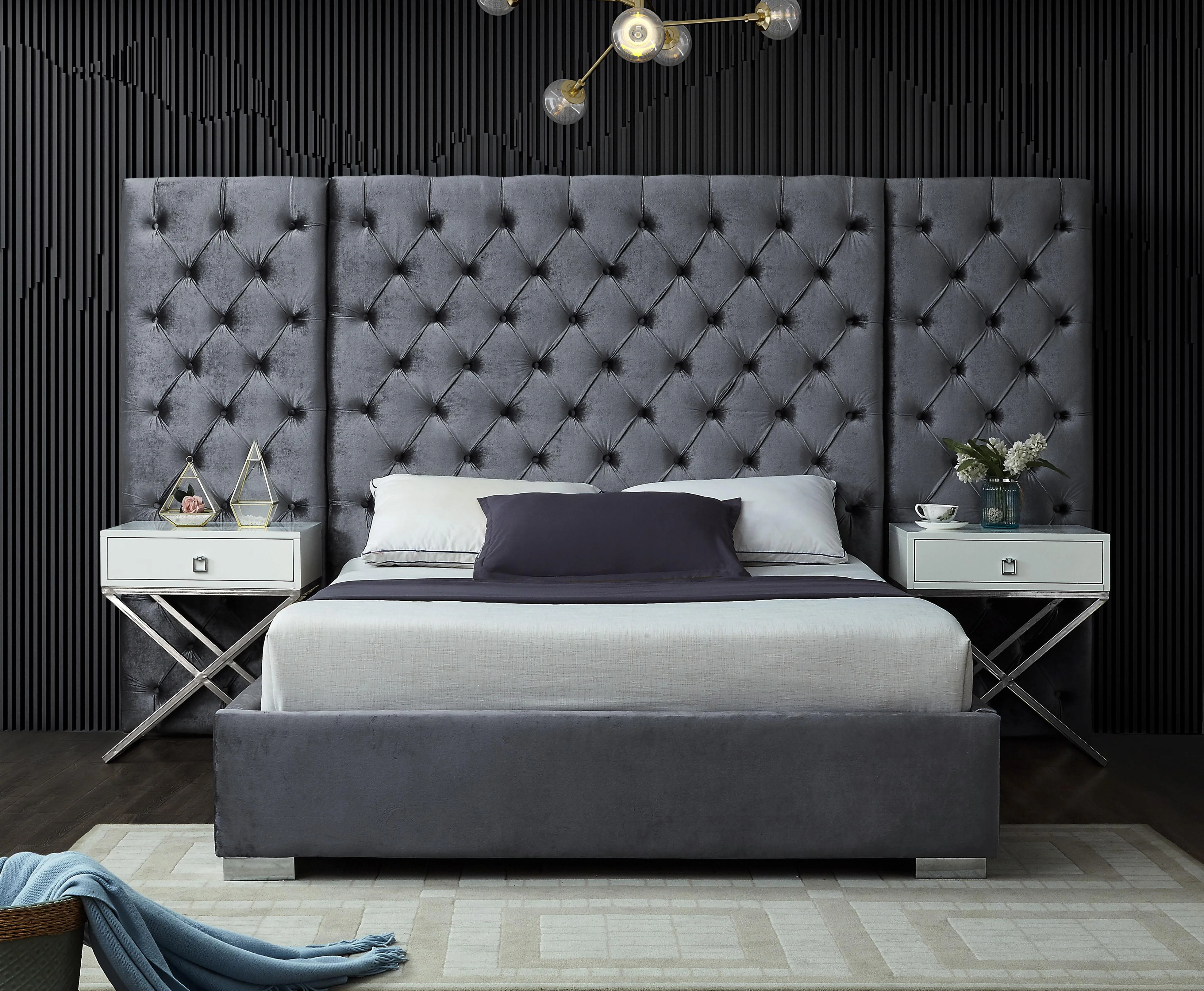 Grande Grey Velvet King Bed (3 Boxes) - Image 2