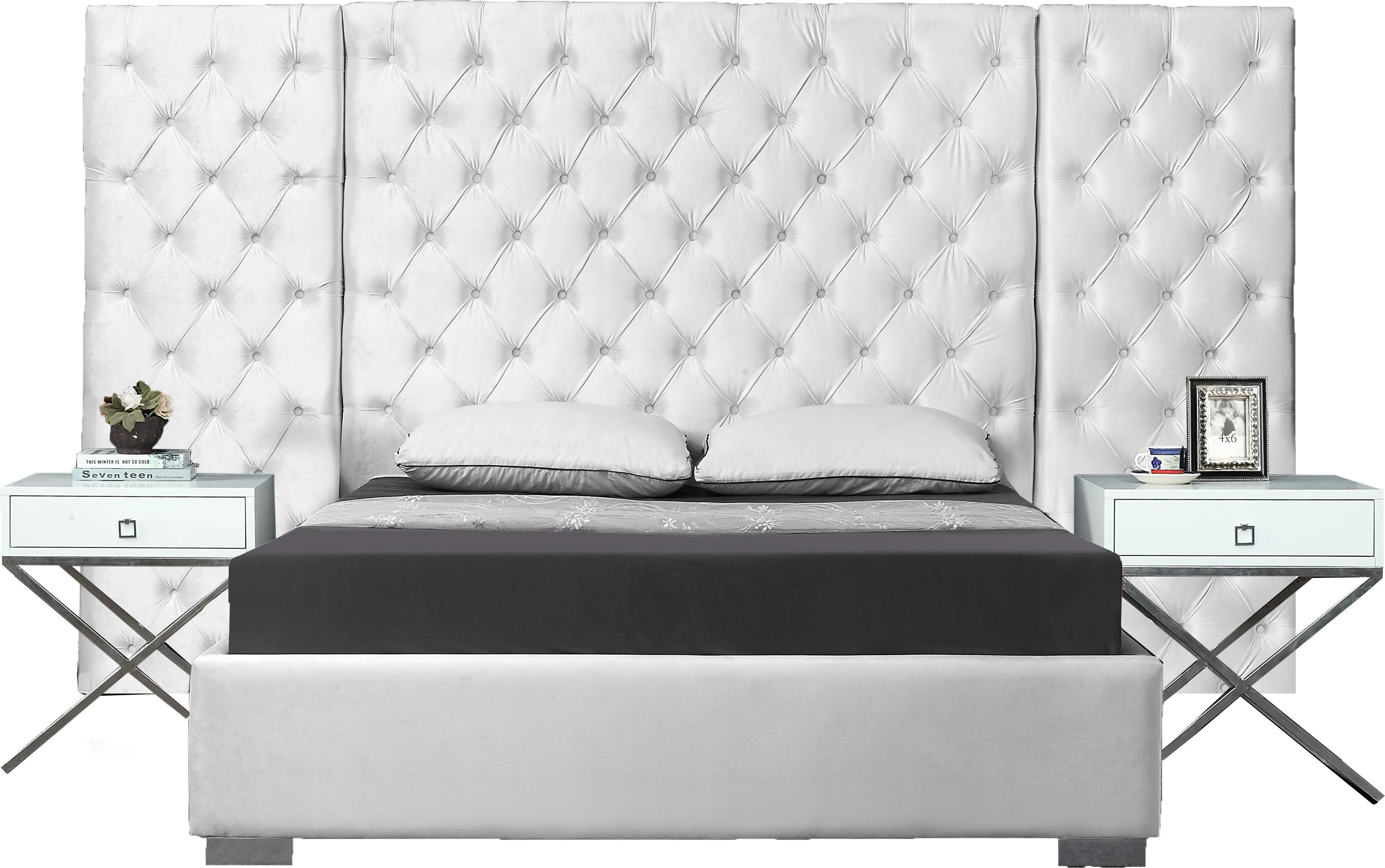 Grande White Velvet Queen Bed (3 Boxes)