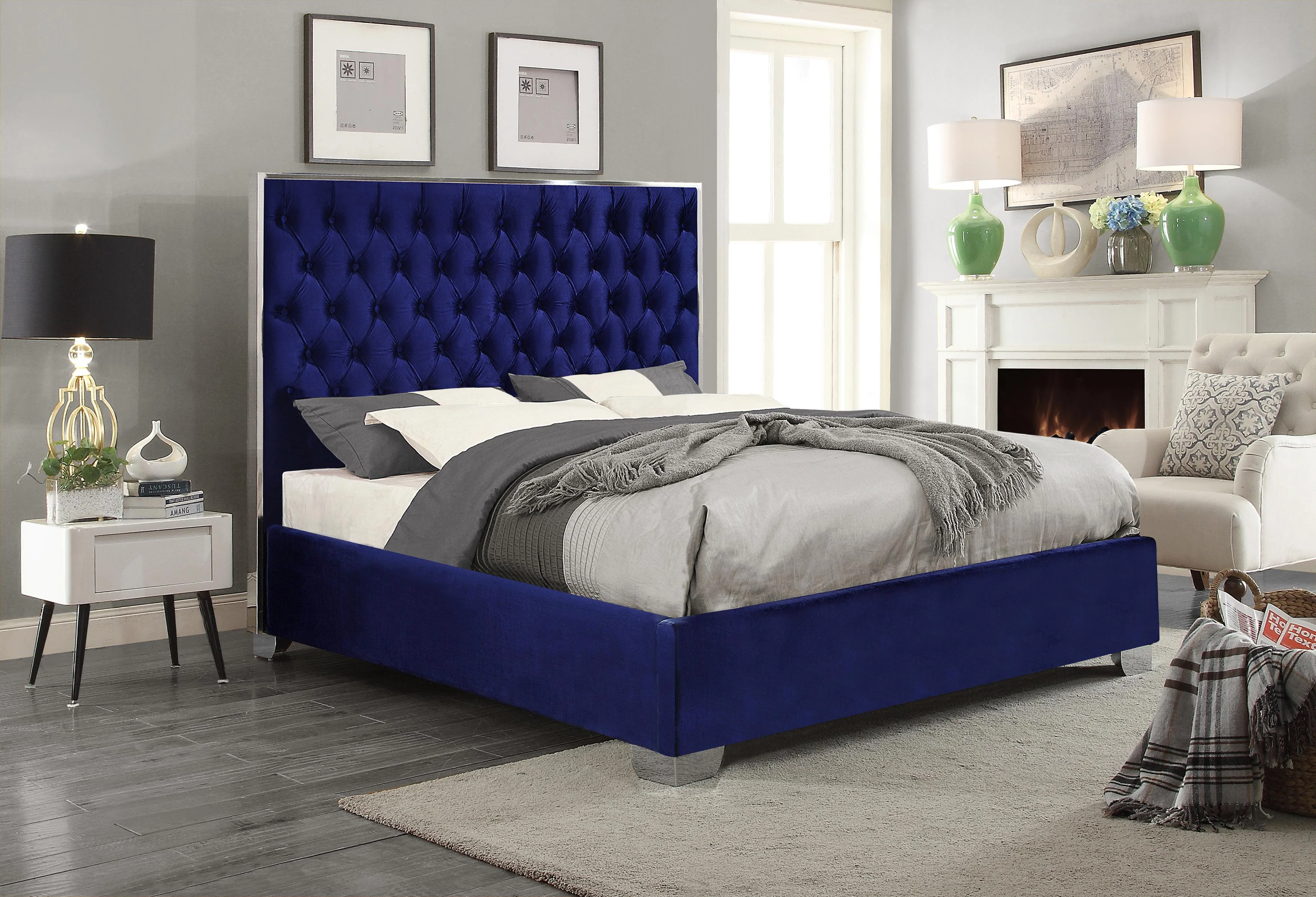 Lexi Navy Velvet Queen Bed - Image 2