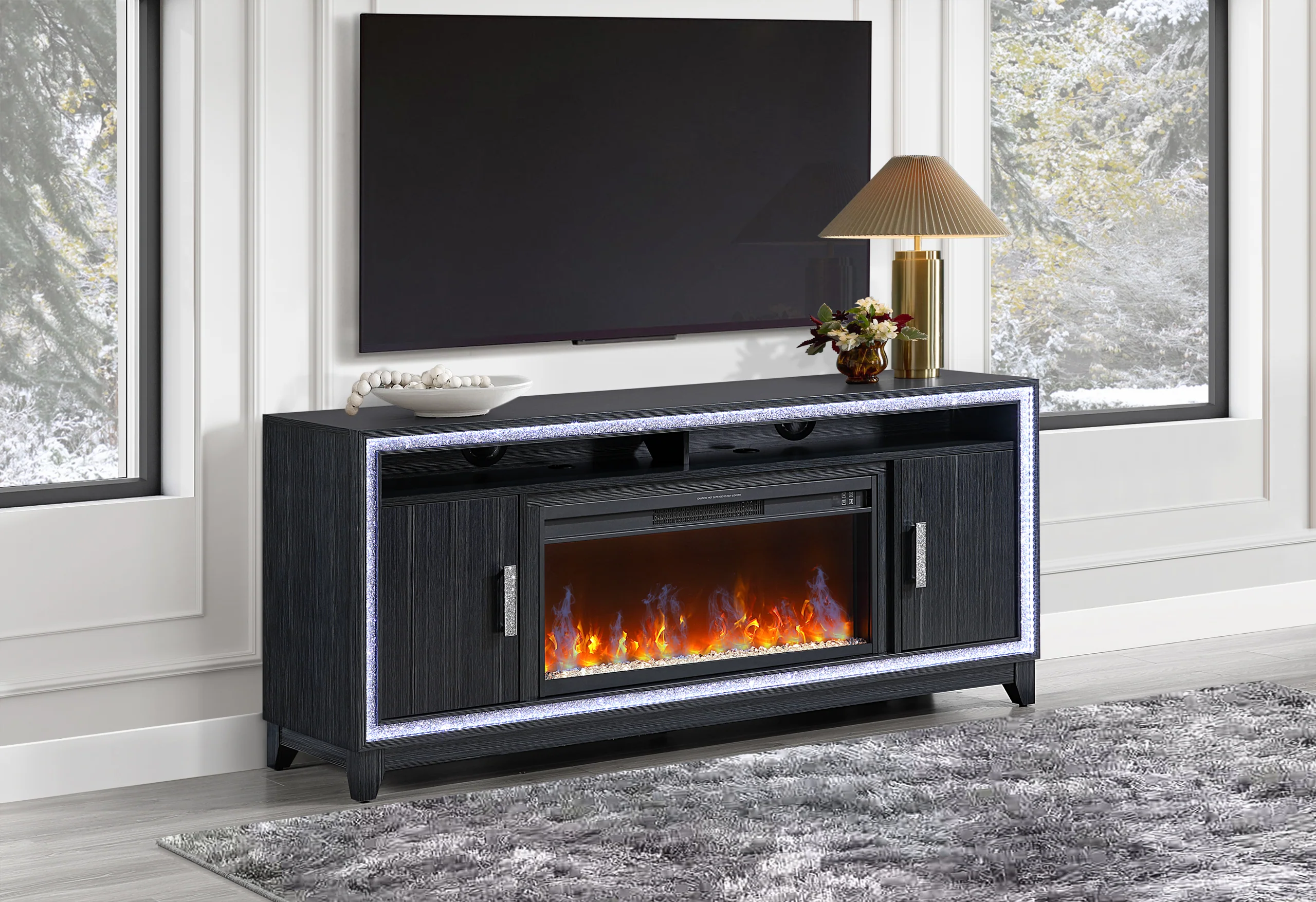 LILY DARK GREY ENT UNIT 72 INCH W/ LED, SPEAKERS, CRYSTAL INSERTS