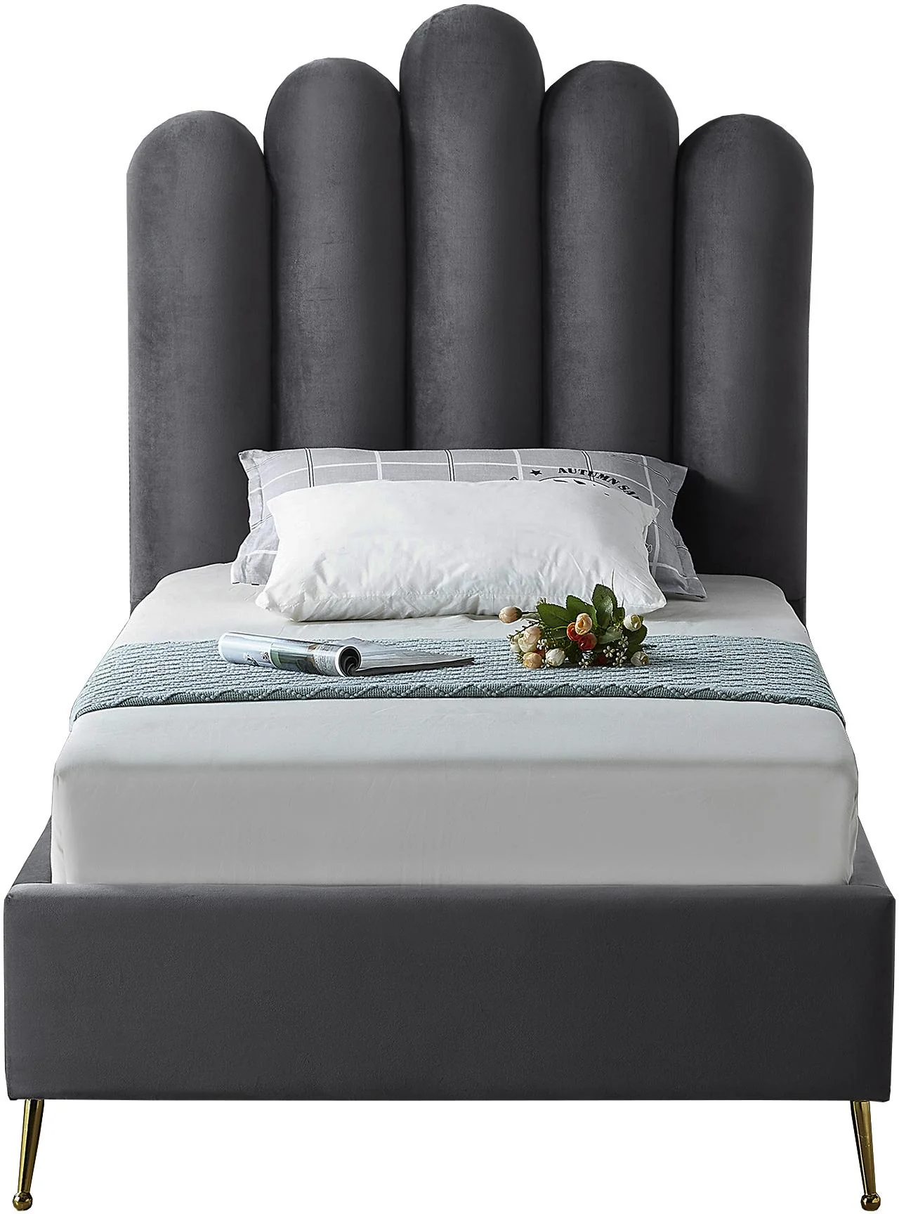 Lily Grey Velvet Twin Bed - Image 3