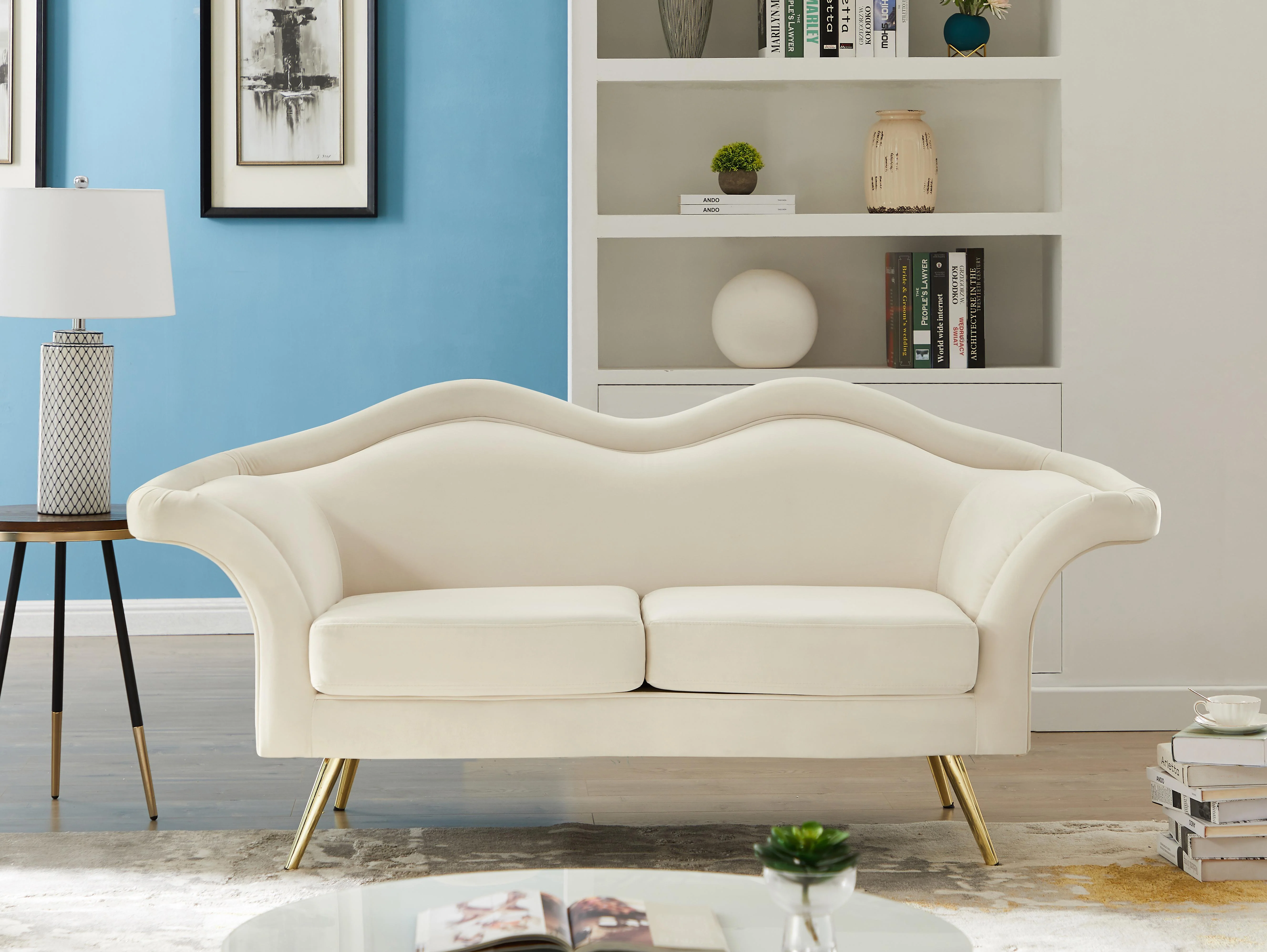 Lips Cream Velvet Loveseat - Image 2