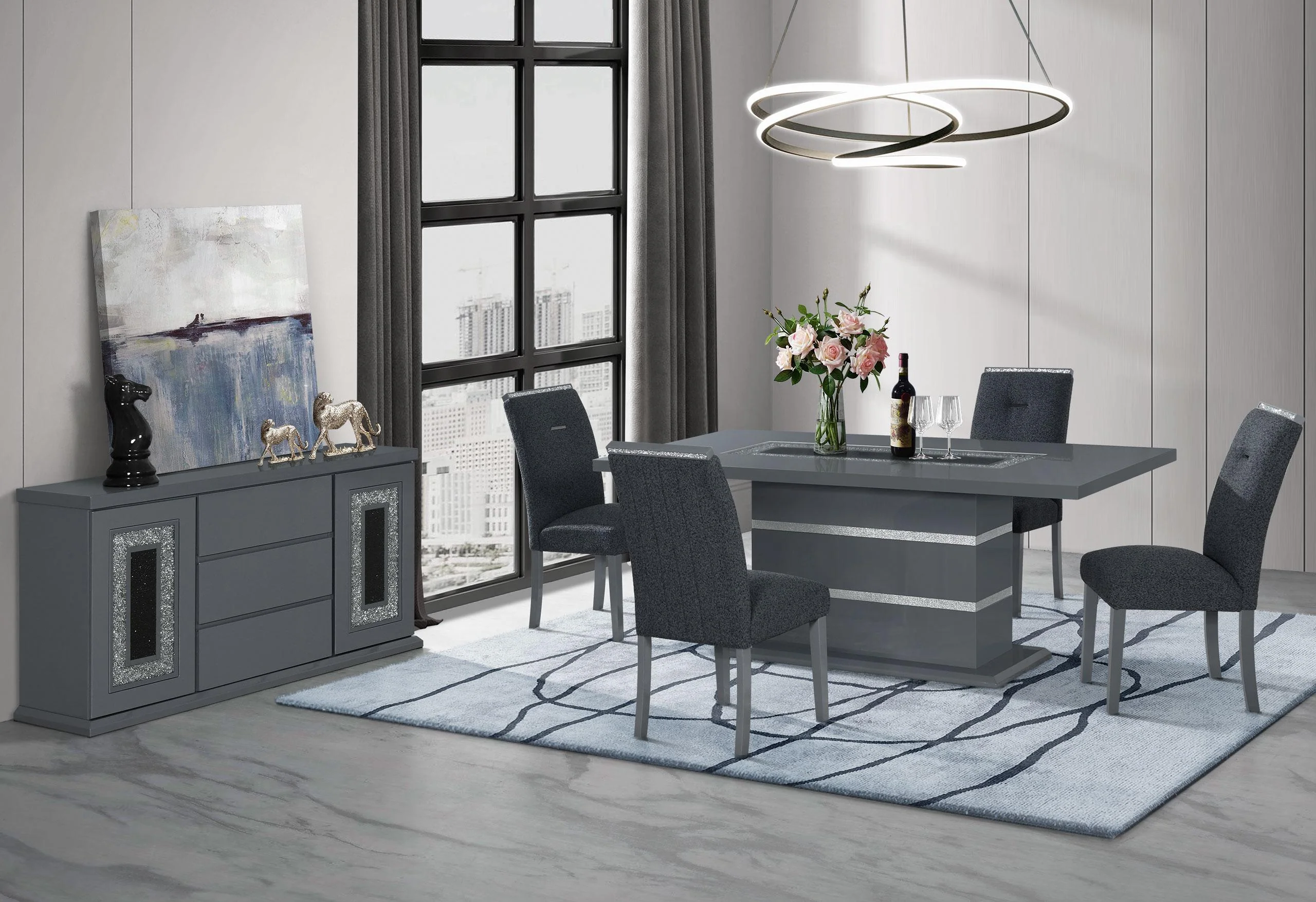 MONACO DARK GREY DINING TABLE AND 8 MONACO DARK GREY DINING CHAIRS