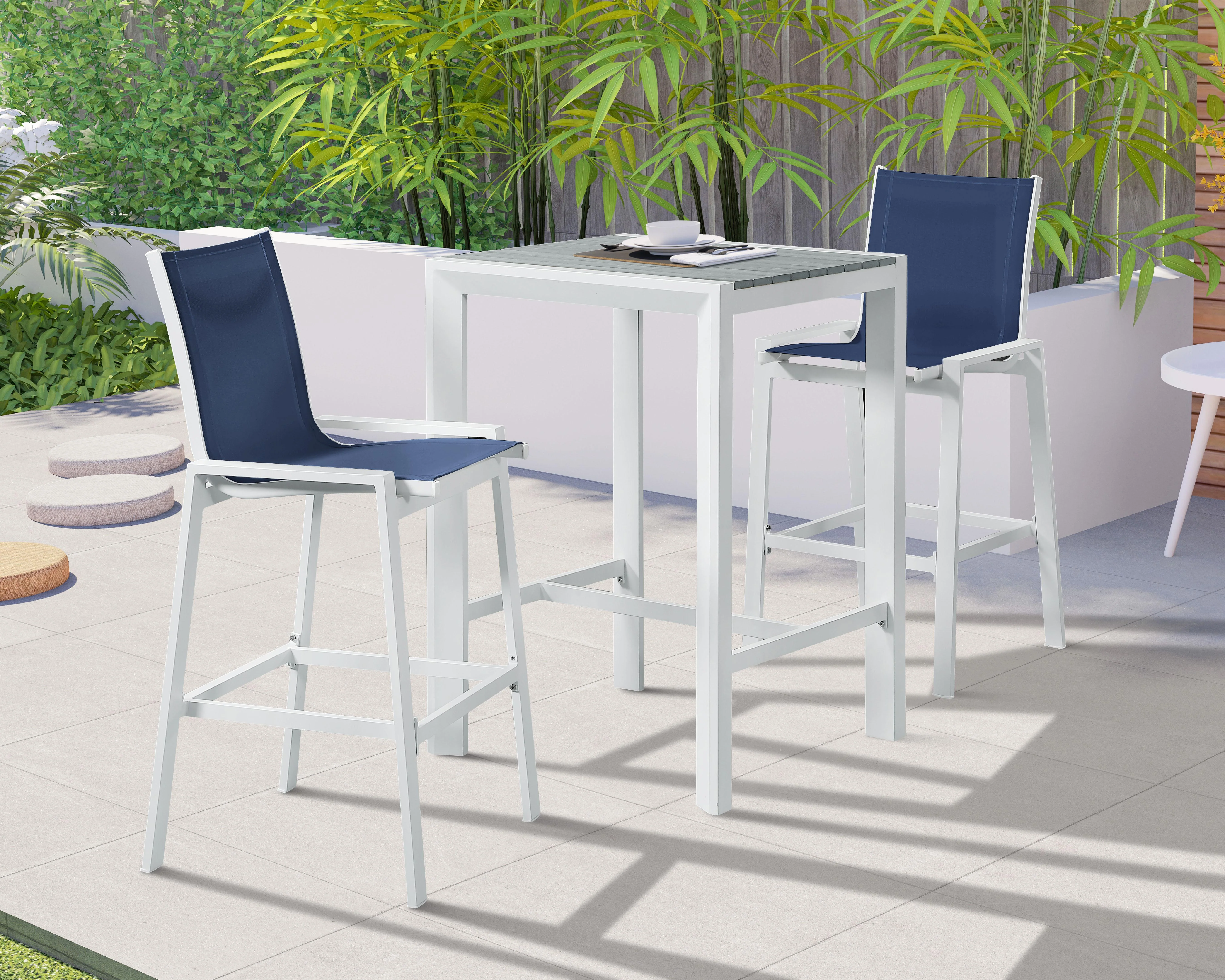 Nizuc Navy Mesh Waterproof Fabric Outdoor Patio Aluminum Mesh Barstool - Image 2