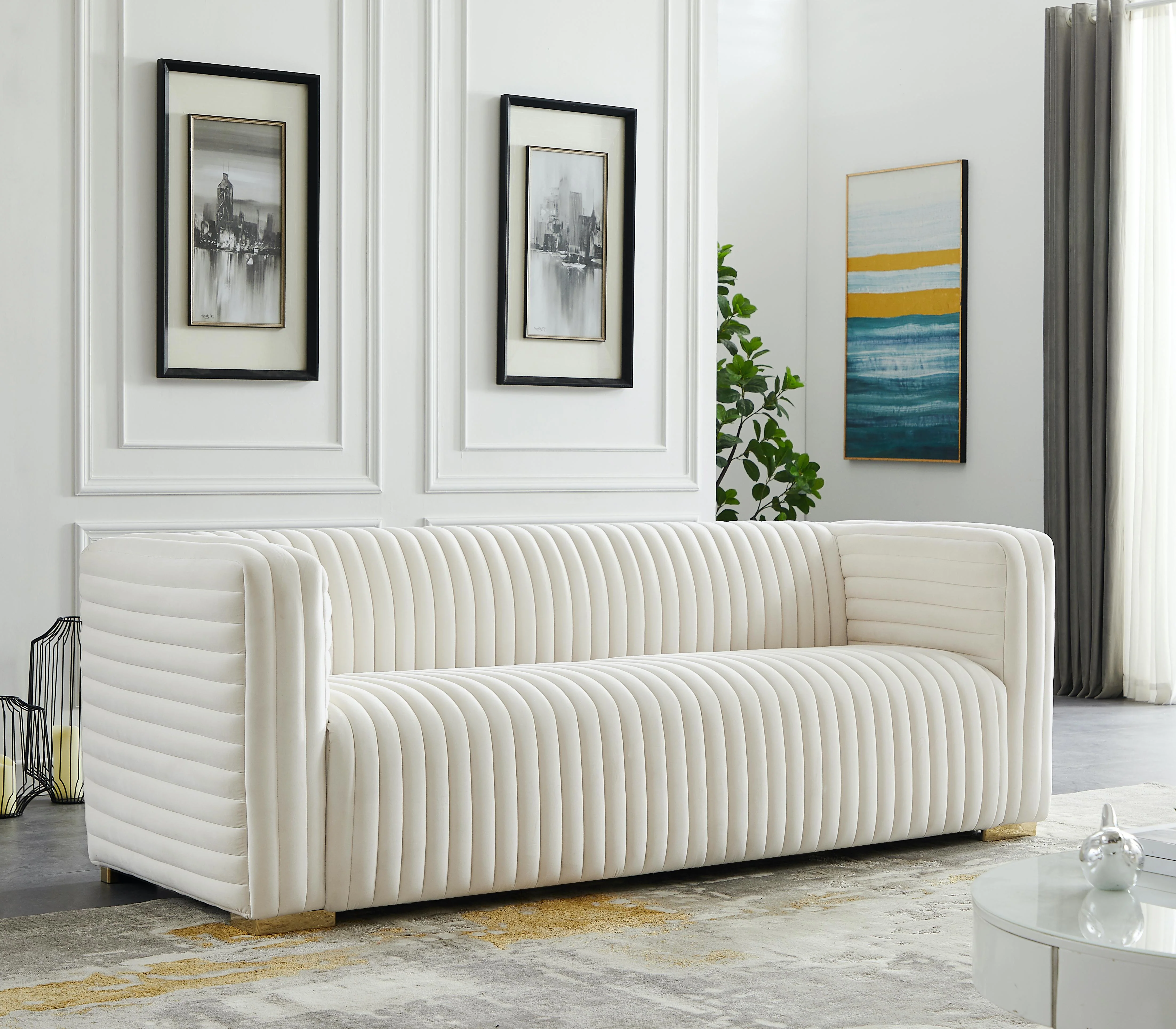 Ravish Cream Velvet Sofa - Image 3
