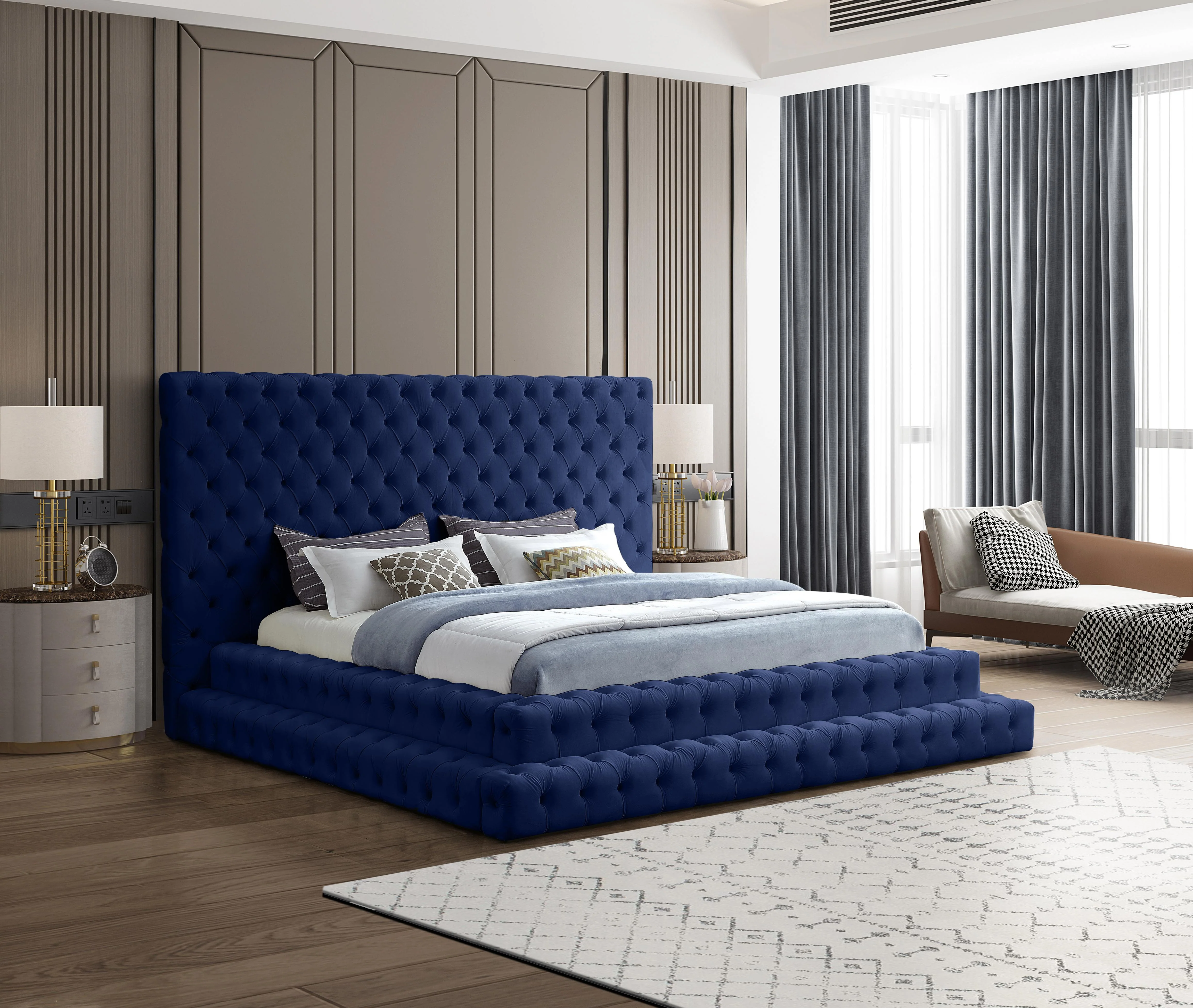 Revel Navy Velvet King Bed (3 Boxes) - Image 2