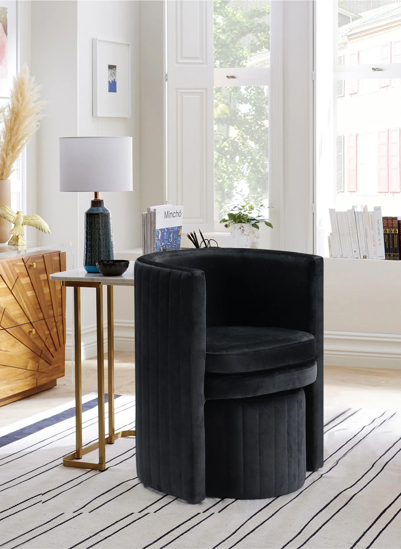 Selena Black Velvet Accent Chair and Ottoman Set - Image 3