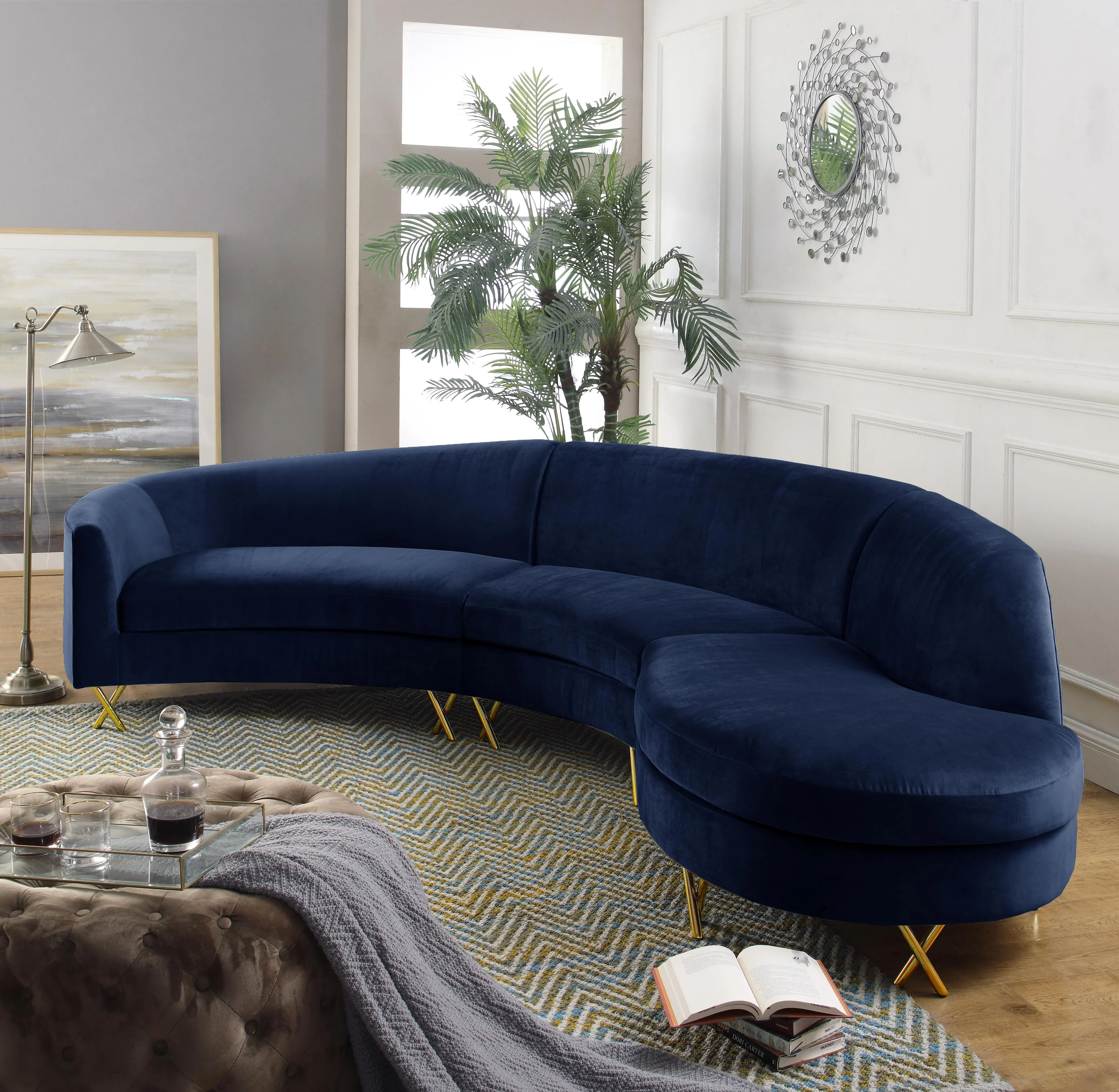 Serpentine Navy Velvet 3pc. Sectional - Image 2