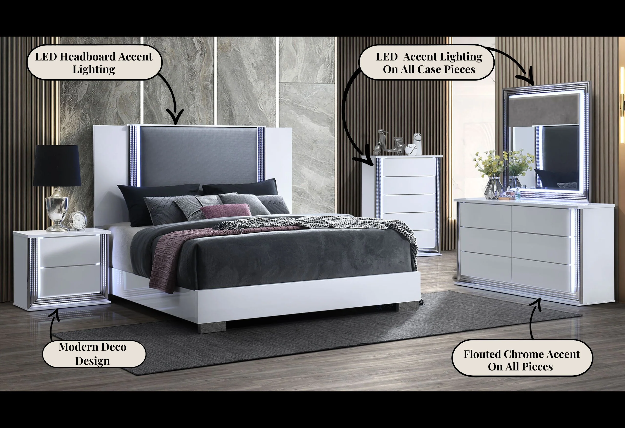 YLIME SMOOTH WHITE KING BED, DRESSER, MIRROR, NIGHTSTAND - Image 4